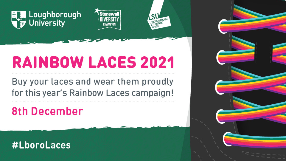 Green graphic with a boot with the Rainbow laces on and information about the campaign taking place on 8 Dec